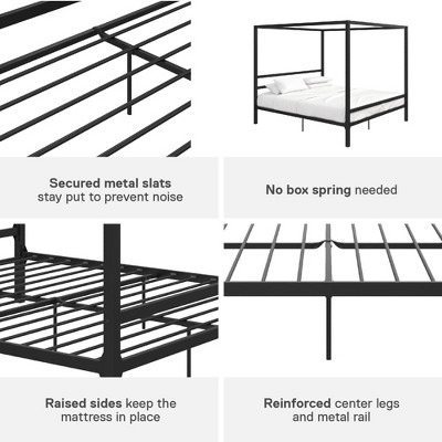 King Black Metal Canopy Bed Frame with Headboard and Slats