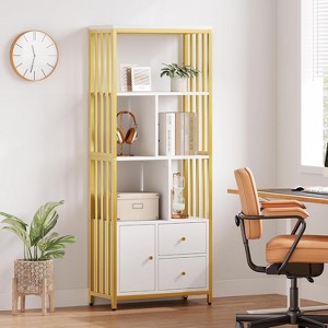 COUCHETA 62 Inch Tall 4-Tier Gold White Bookcase with 3 Drawers -  Storage Cabinet, Metal Frame Display Shelf - 1 of 4