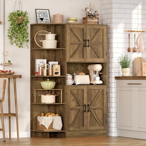 USIKEY 61" Farmhouse Kitchen Pantry Storage Cabinet, Freestanding Hutch with Shelves & Drawers, Large Kitchen Cupboard for Dining Room, Oak - 1 of 4
