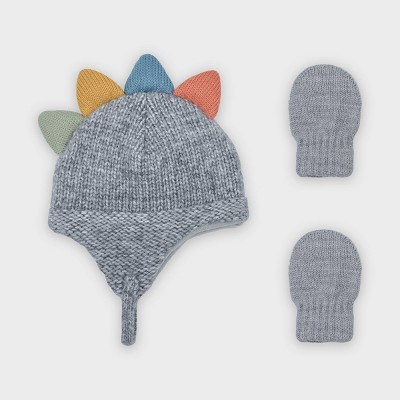 Baby Boys' Knit Dino Critter Trapper and Magic Mittens Set - Cat & Jack™ Light Gray 6-12M