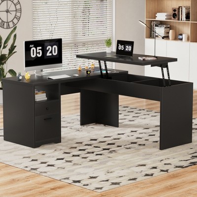 Aheaplus 56'' Lift Top Computer Desk with Drawers and Power Outlets, Lift Top