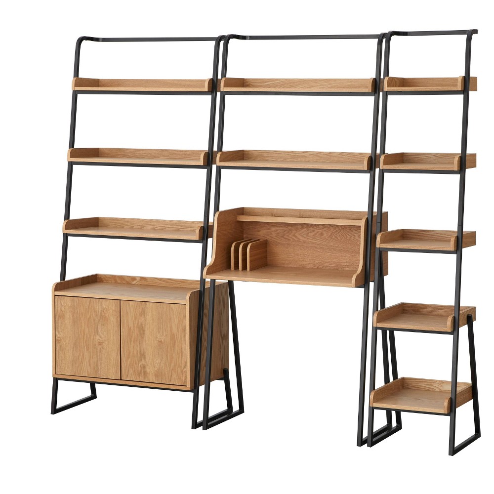 3Pc Estanier Group Natural/Black - Lifestorey: MDF Veneer Workstation with Metal Frame, Shelves & Cabinet