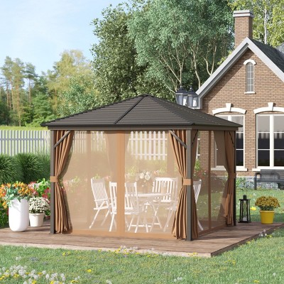 Light Brown 10x10 Hardtop Gazebo with Aluminum Frame and Curtains
