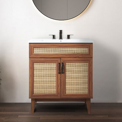 Javer 30" Walnut Rattan Modern Farmhouse Bath Vanity Cabinet