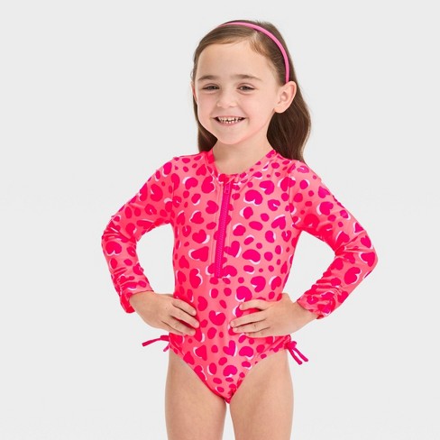 Toddler Girls Rashguard One Piece Swimsuit Cat Jack Pink 3t