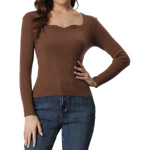 Allegra K Women's Sweetheart Neck Casual Long Sleeve Slim Fit Pullover Sweater - 1 of 4