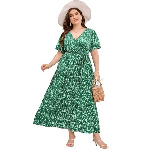 Garvee Women Plus Size V Neck Wrap Maxi Dress High Waist Ruffle Summer Casual Dress with Belt Short Sleeve - 1 of 4