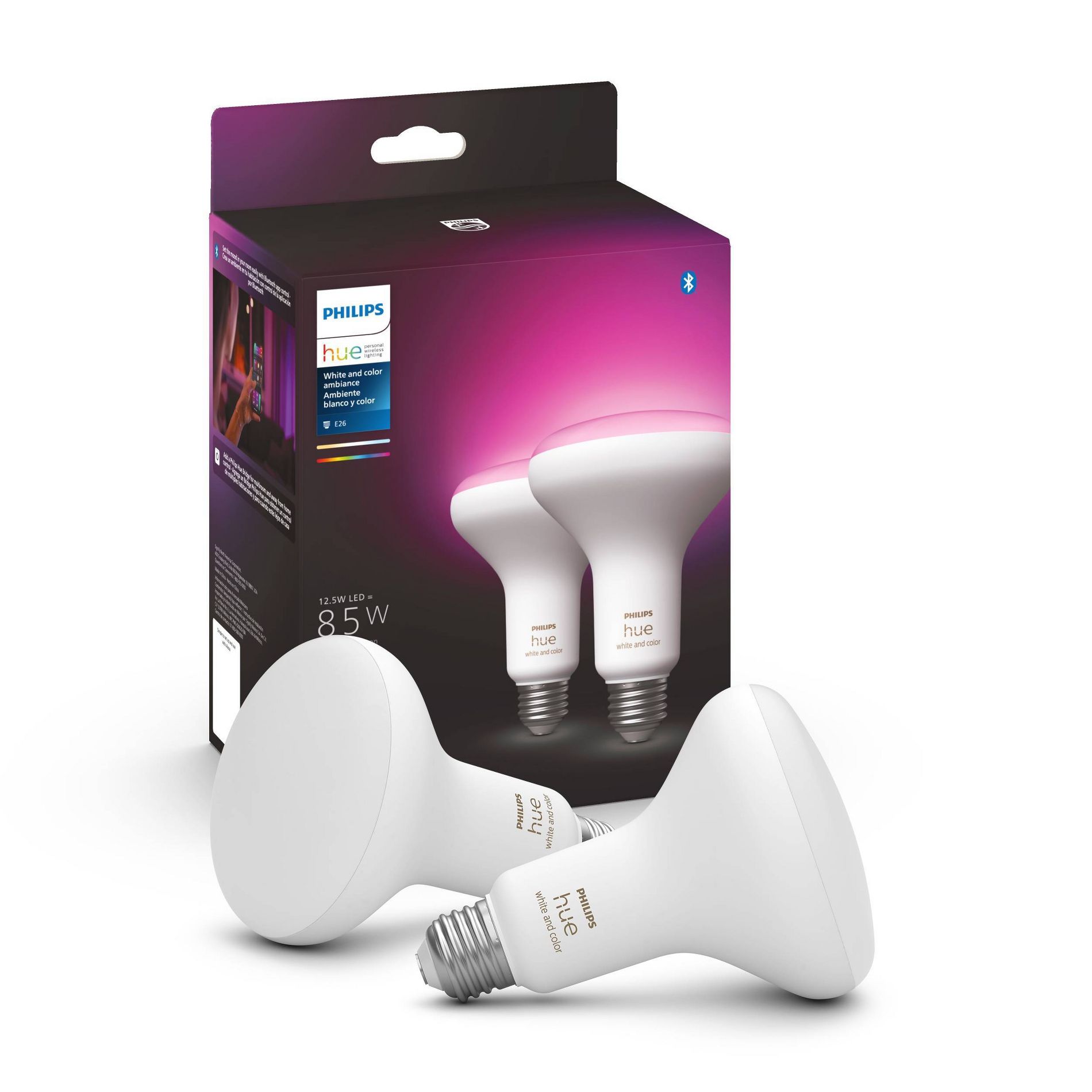 Philips Hue 2pk BR30 Color LED Smart Bluetooth Lights and Bridge Compatible: Energy Star, Dimmable, 1200 Lumens, 22-Year Life