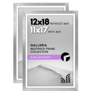 Americanflat 12x18 Poster Frame with Polished Plexiglass - Set of 2 - 11x17 Mat or 12x18 Without Mat - Galleria - Picture Frames - Silver