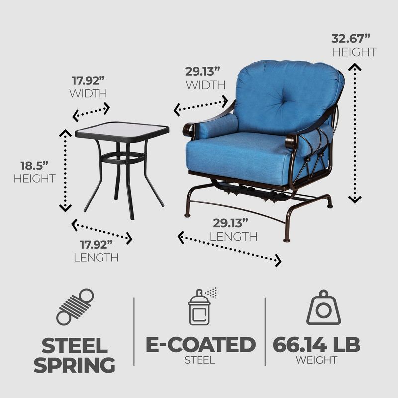 Four Seasons Courtyard Uptown 3 Piece Chat Set with 250 Pound Capacity 2 Steel Spring Rocker Chairs & 1 Side Table with Extra Side Armrest Cushions, 2 of 7