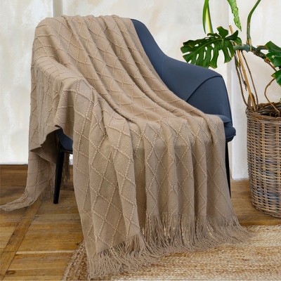 Tan Taupe Knit Fleece Reversible Throw Blanket with Fringe
