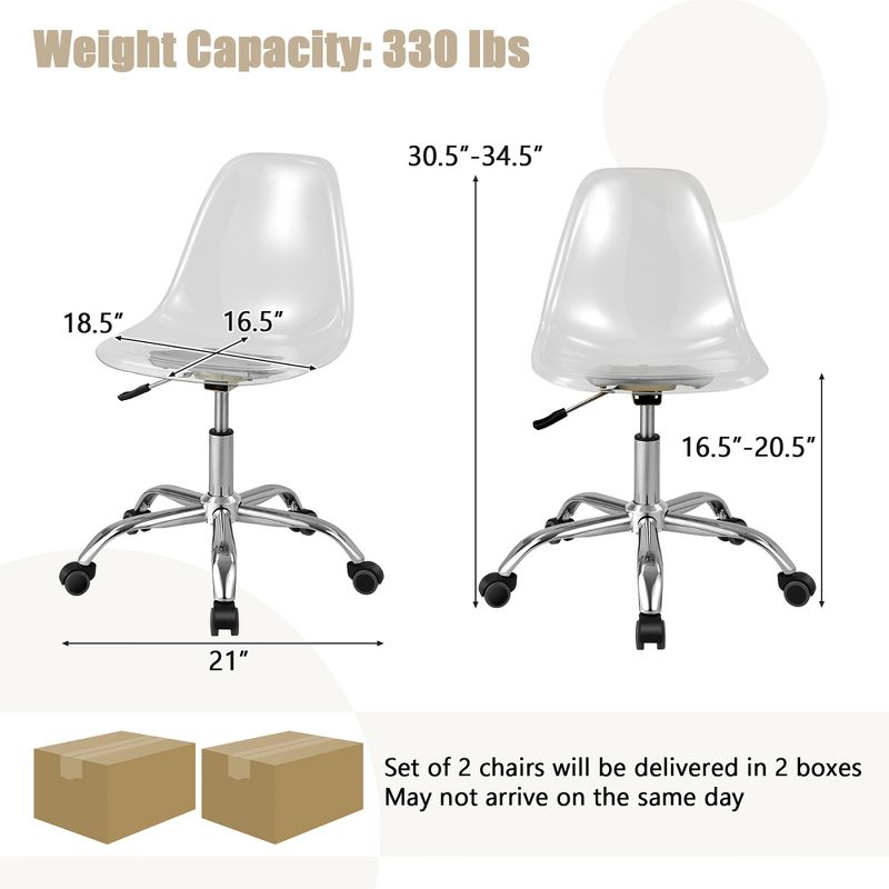 Costway Set of 2 Rolling Acrylic Armless Desk Chair Swivel Vanity Ghost Chair Adjustable, 3 of 11