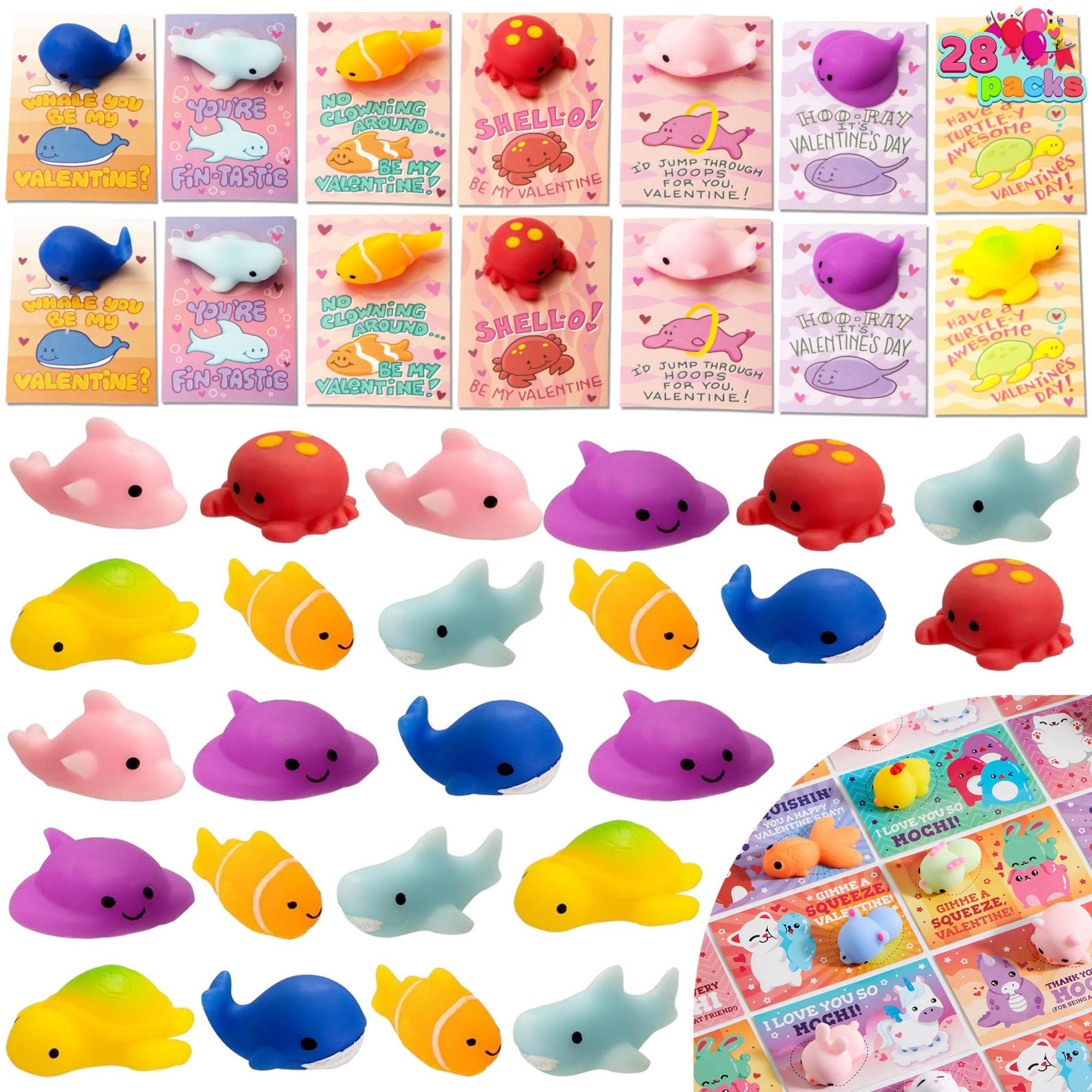 Joyfy 28 Packs Valentines Day Mochi Squishy Toys with Gift Cards , Sea Animals Mochi, Stress Relief Fidget Toys for Kids Valentine Classroom Exchange