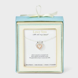 Silver Plated Cubic Zirconia Heart Pendant Necklace - Silver/Gold - 1 of 4