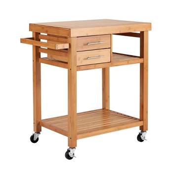 EROMMY Multipurpose Rolling Bamboo Wood Kitchen Island Trolley Cart with 2 Drawers, Open Storage Shelves, Towel Rack, and Locking Wheels, Natural