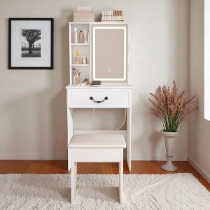 Modern Mini Dressing Table with LED-lit Mirror & Hidden Storage, Adjustable Brightness Vanity Desk, Includes Padded Stool - 1 of 4