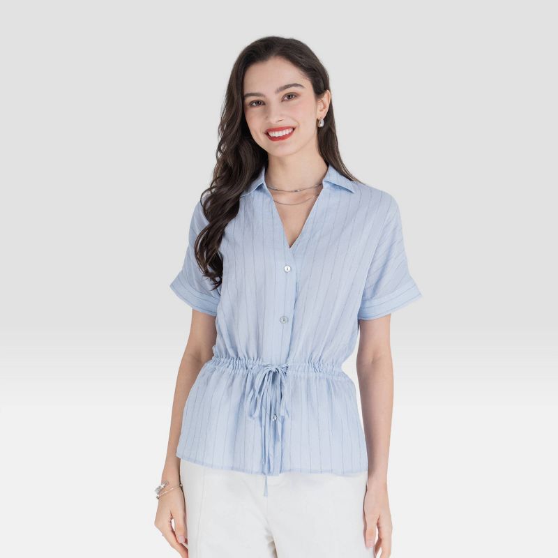 Women's Dolman Short Sleeve Drawstring Waist Shirt - A New Day™ Light Blue Striped XS