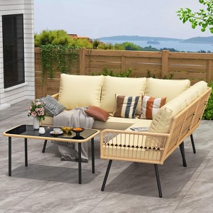 4 Pieces Patio Furniture Sets Outdoor Sectional L-Shaped with Cushions Side Table and Chairs Set - 1 of 4