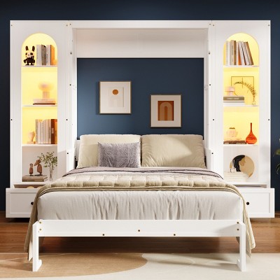 Queen Size Murphy Bed with LED Shelving and Side Cabinets, Foldable Wood Wall Bed with Storage Drawers for Bedroom-Baofuwish