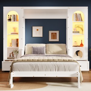 Queen Size Murphy Bed with LED Shelving and Side Cabinets, Foldable Wood Wall Bed with Storage Drawers for Bedroom-Baofuwish - 1 of 4