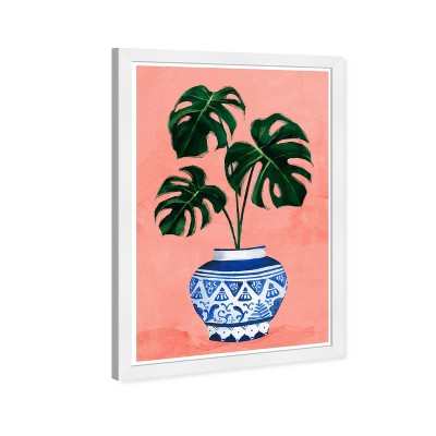 13" x 19" Chinoiserie Monstera Floral and Botanical Framed Wall Art Pink - Wynwood Studio: Modern Decor, Digital Print, White Frame