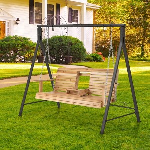 Costway Porch Swing Chair with Stand Cupholder & Adjustable Chains A-Shaped Metal Frame - 1 of 4