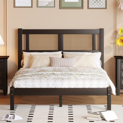 Full Bed Frame, Wooden Platform Bed With Natural Rattan Headboard, Modern Minimalist Bed Frame With 12 Slats For Bedroom, Easy Assembly Black