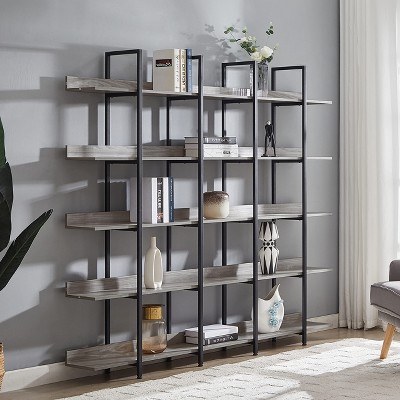 Bookcases and Bookshelves Triple Wide 5 Tiers Industrial Bookshelf, Large Etagere Bookshelf Open Display Shelves for Living Room Bedroom Home Office
