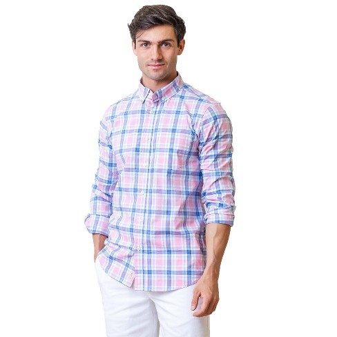 Hope & Henry Mens' Long Sleeve Stretch Poplin Button Down Shirt, Fresh Pink  And Blue Plaid, Medium : Target