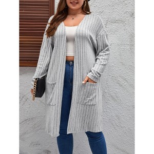 Coolmee Women Plus Size Front Open V Neck Long Sleeve Striped Knit Brushed Loose T-shirt Coat - 1 of 4
