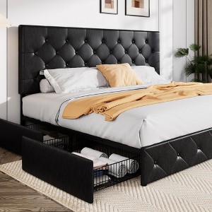Allewie King Upholstered Bed Frame/4 Storage Drawers/Adjustable Headboard/Diamond Button Tufted/Mattress Foundation/No Box Spring Needed/Black - 1 of 4