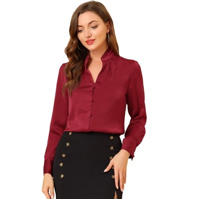 INSPIRE CHIC Women's Ruffled Stand Collar Long Sleeve Button Elegant Satin Shirt