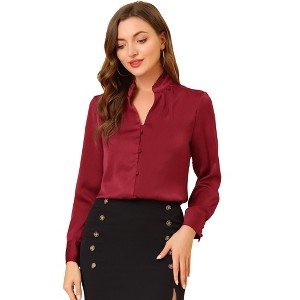 INSPIRE CHIC Women's Ruffled Stand Collar Long Sleeve Button Elegant Satin Shirt - 1 of 4