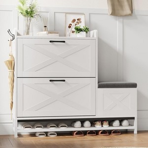 Shoe Cabinet with Bench, Slim Farmhouse Shoe Storage, 2 Flip Drawers for Entryway, Hallway, Living Room, White - 1 of 4