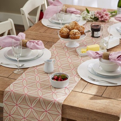 Natural Beige and Pink Embroidered Cotton Table Runner, 14x70