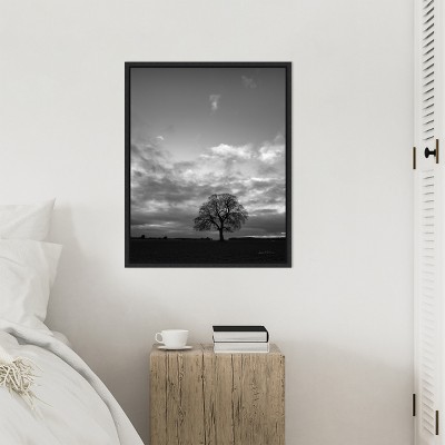 Horizon Tree Black and White Canvas Print with Black Floater Frame
