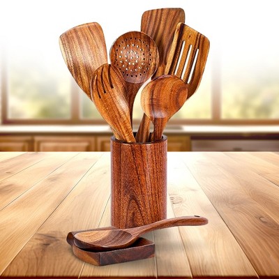 Deluxe 9-Piece Natural Wood Cooking Utensils Set with Holder