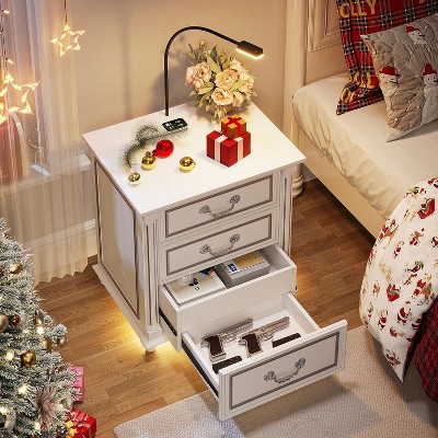 Vlsrka Farmhouse Nightstand with Hidden Compartment, 3 Drawers, LED Light, Motion Sensor & Charging Station