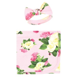 Touched by Nature Infant Girl Organic Cotton Swaddle Blanket and Headband, Rose Peony, 0-6 Months - 1 of 3