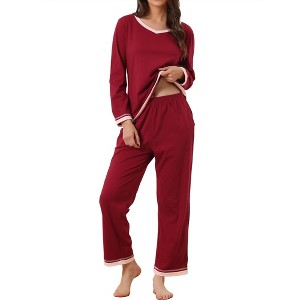 cheibear Women's Long Sleeve Shirt and Long Pants with Pocket Loungewear 2 Pieces Sleep Sets - 1 of 4