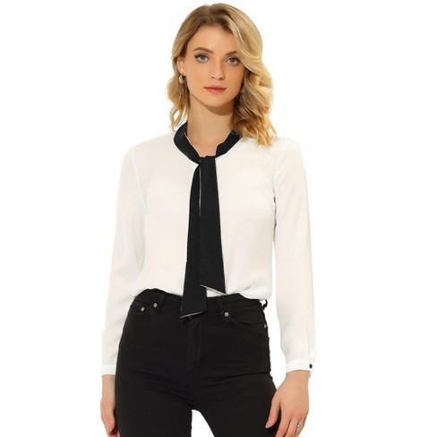 Women's Bow Tie Neck Blouses Peter Pan Collar Shirts Long Sleeve Button  Down Shirts Office Lady Casual Work Blouse Tops, White L