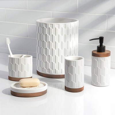 White Resin and Wood Geometric Embossed Bathroom Tumbler