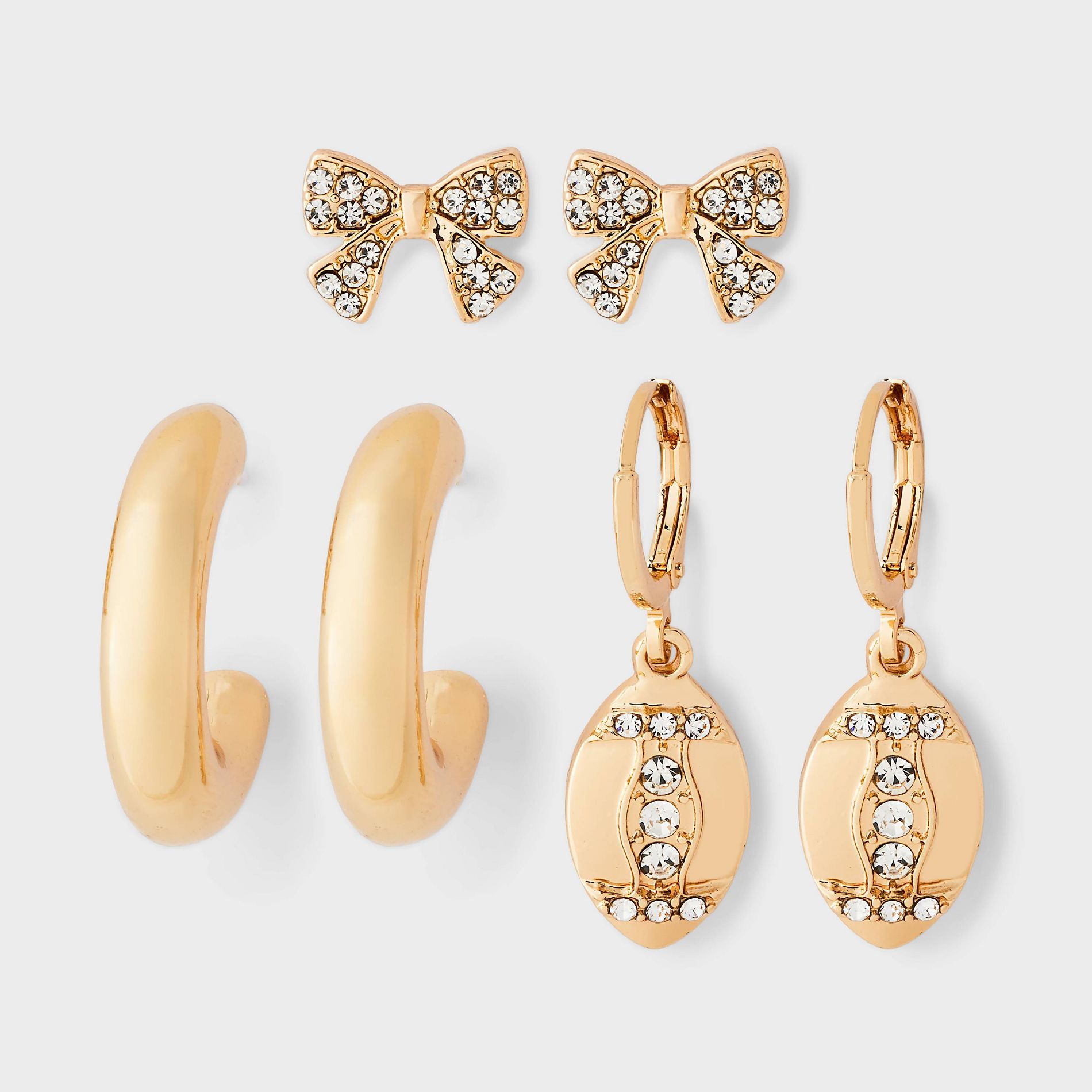 Game Day Football Charm & Bow Earring Set 3pc - Wild Fable™ Gold