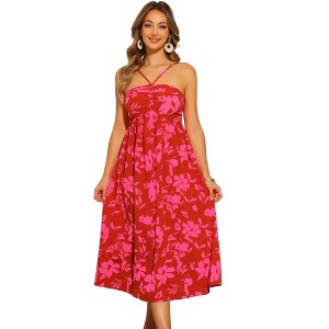 INSPIRE CHIC Women's Floral Sleeveless Halter Smocked Ruched Beach Midi Dress - 1 of 4