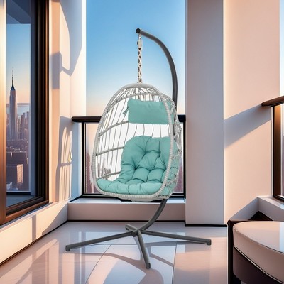 FURNIinspire Patio Swings Wicker Hanging Chair Swing Chair Egg Chair, Outdoor Indoor Swing Chair With Blue Cushion, Gray, 38“*38"*76"
