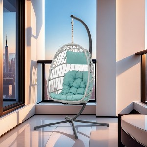 FURNIinspire Patio Swings Wicker Hanging Chair Swing Chair Egg Chair, Outdoor Indoor Swing Chair With Blue Cushion, Gray, 38“*38"*76" - 1 of 4