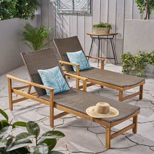 Christopher Knight Home Savannah Outdoor Acacia Wood and Wicker Adjustable Chaise Lounges (Set of 2) - 1 of 4