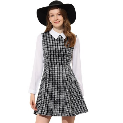 Allegra K Juniors Plaid Grid Peter Pan Collar Long Sleeve A-Line Vintage Tweed Dress, Women's, Size: Medium, Black