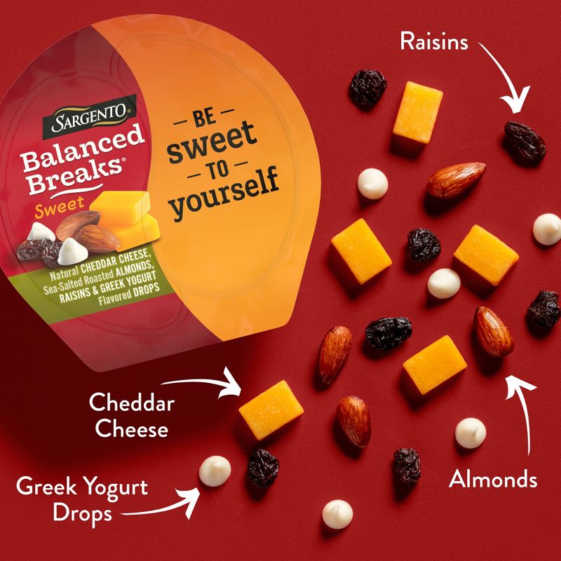 Sargento Sweet Balanced Breaks Natural Cheddar Cheese, Sea-Salted Roasted Almonds, Raisins and Greek Yogurt Flavored Drops - 4.5oz/3ct, 4 of 11
