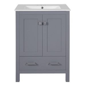 Vynxaria 24-Inch Gray Bathroom Vanity - Integrated Undermount Ceramic Sink, 2 Soft-Close Doors (Double-Layer Shelves), 1 Divider Drawer - 1 of 4